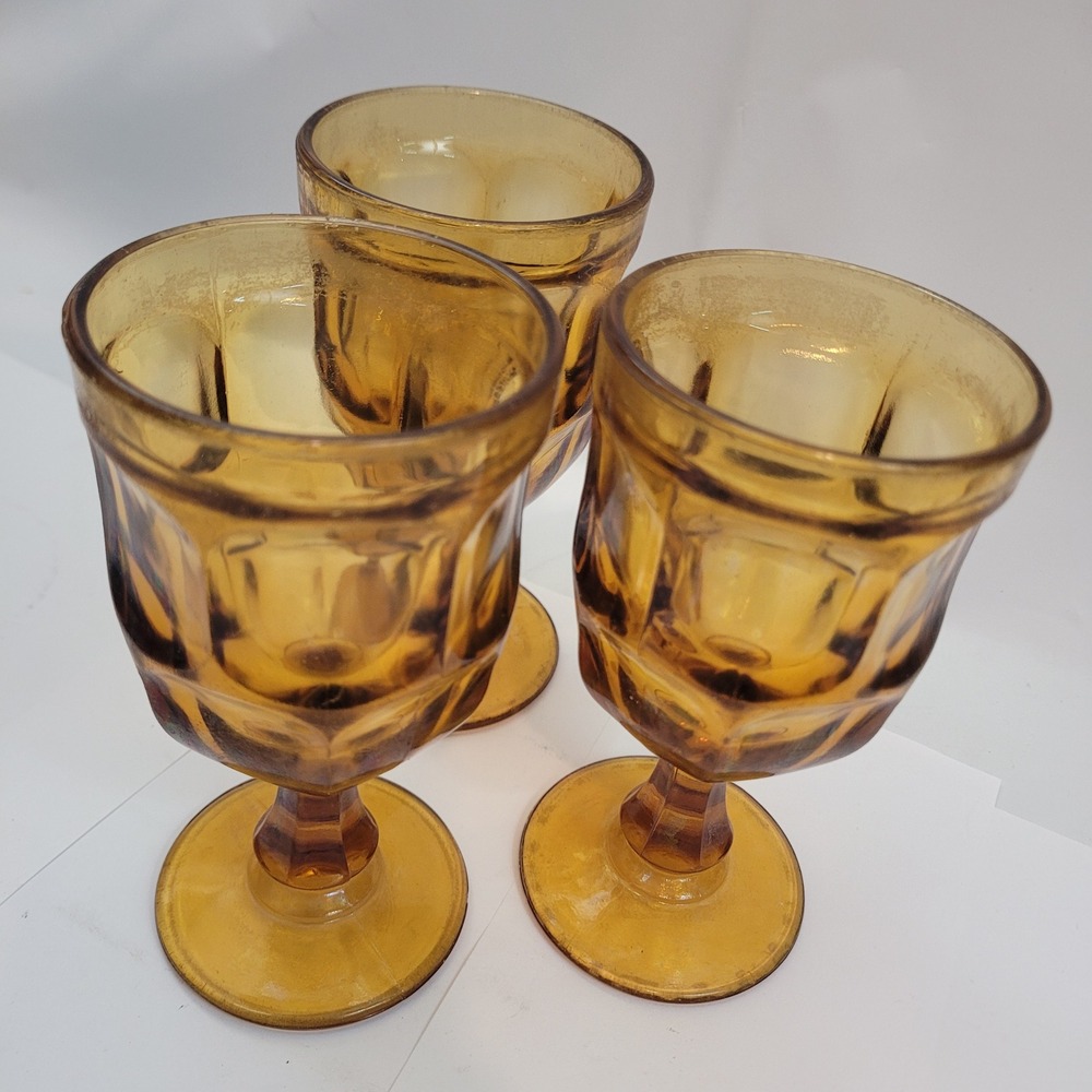 Indiana Glass Whitehall Amber Goblets Vintage Set of 3 Cubist Footed Glasses